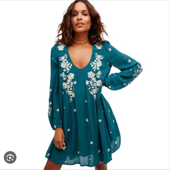 Free People Teal Floral Embroidered Midi Dress - Picture 1 of 8